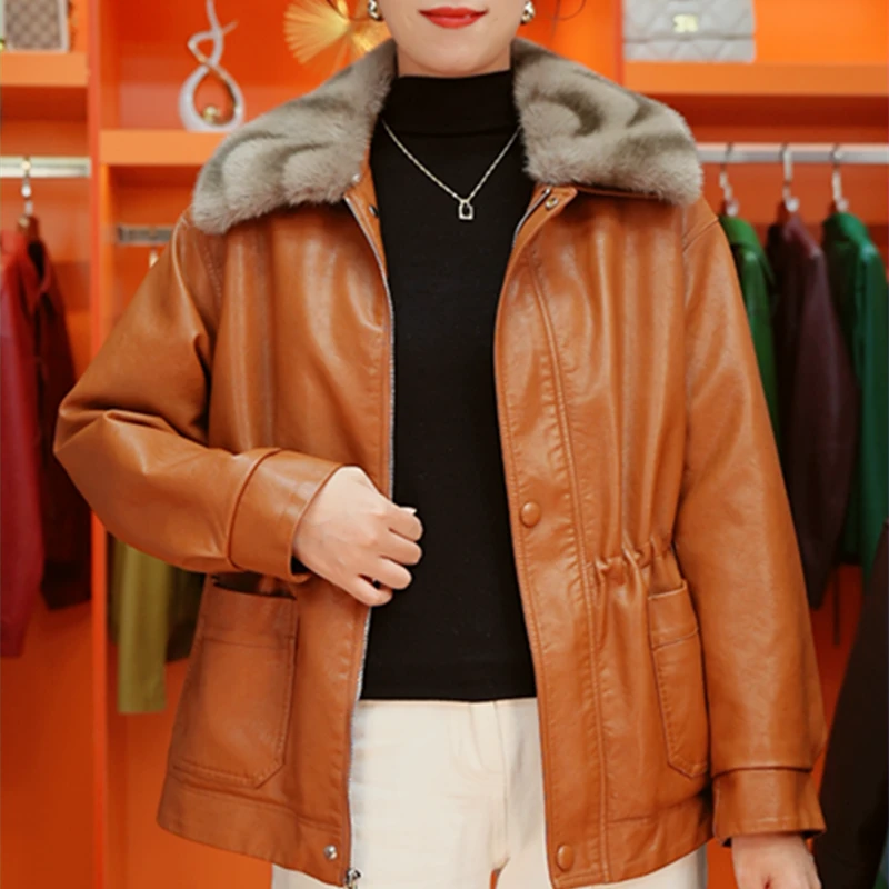 5088拉链中长款厚款极简风宽松型皮衣短款5088加绒休闲毛领