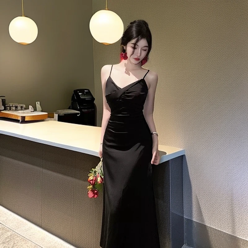 【有运费补贴】夏季吊带连衣裙辣妹性感小黑裙修身长裙开叉中长裙