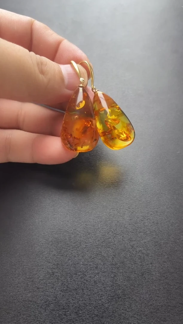 银S925镶嵌琥珀裸石花珀耳坠