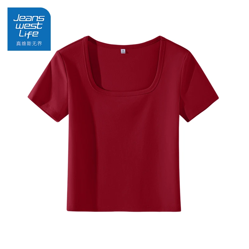 真维斯无界红色正肩短袖2025夏日穿搭修身方领女生韩系ins老钱风