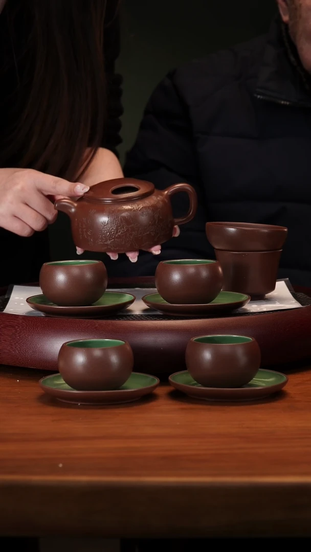 【闪购商品】紫砂茶壶2-81ZST牛盖莲子套组老紫泥