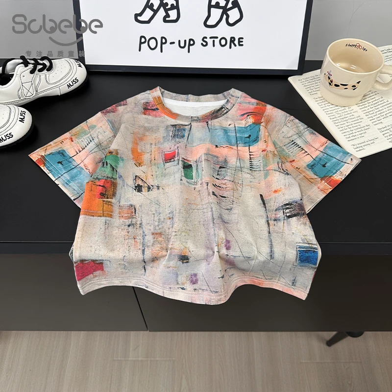 SCBEBE儿童T恤夏季新款男童短袖韩版欧若风拼色线条上衣AX979