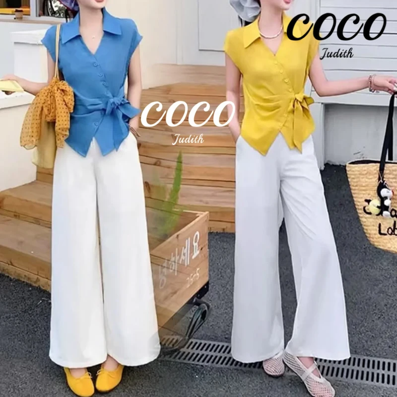 【RG7088】洋气减龄设计感系带小衫女2025夏季新款收腰衬衫两件套