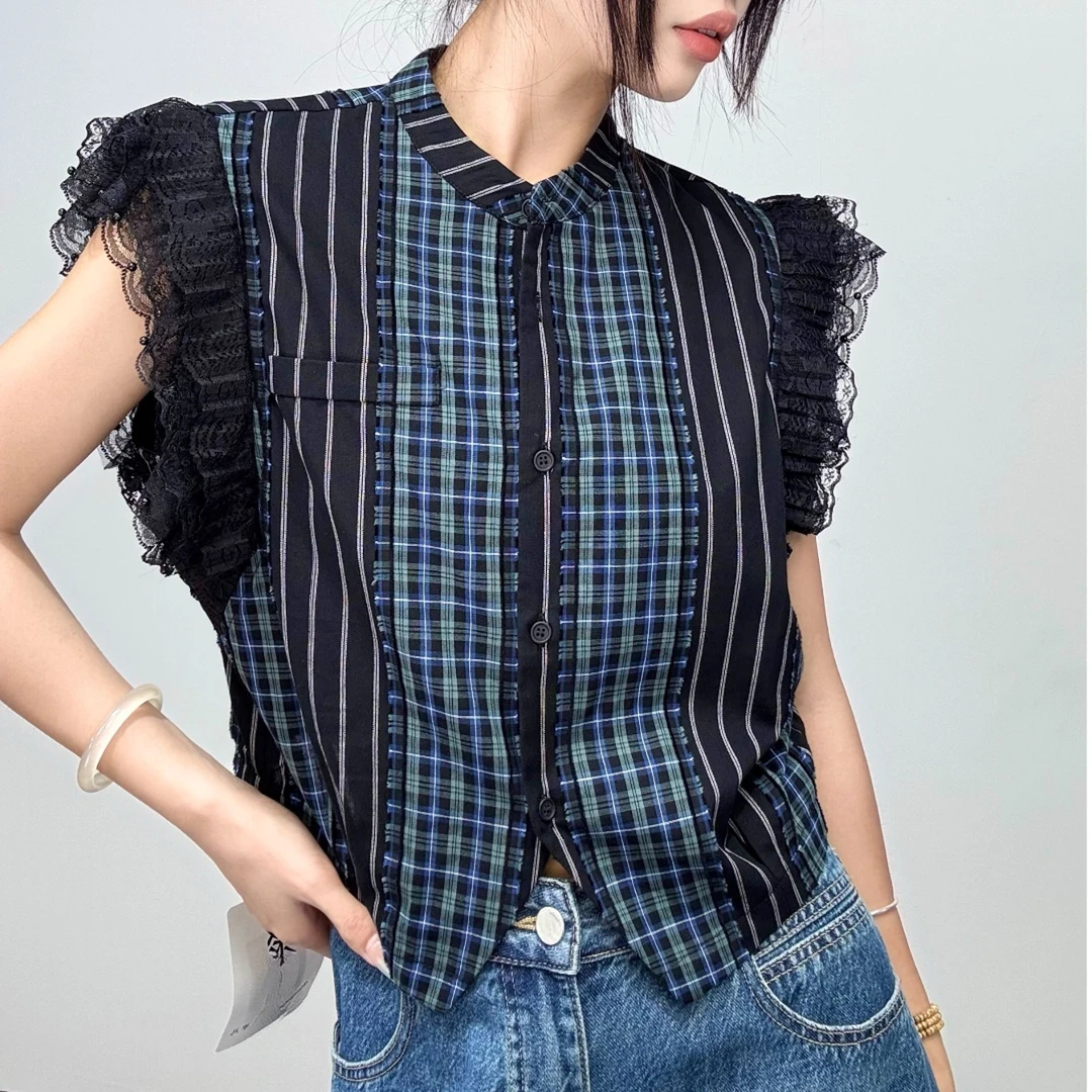 10076#2025年夏季新款条纹格子拼条蕾丝袖衬衫休闲薄款蕾丝上衣