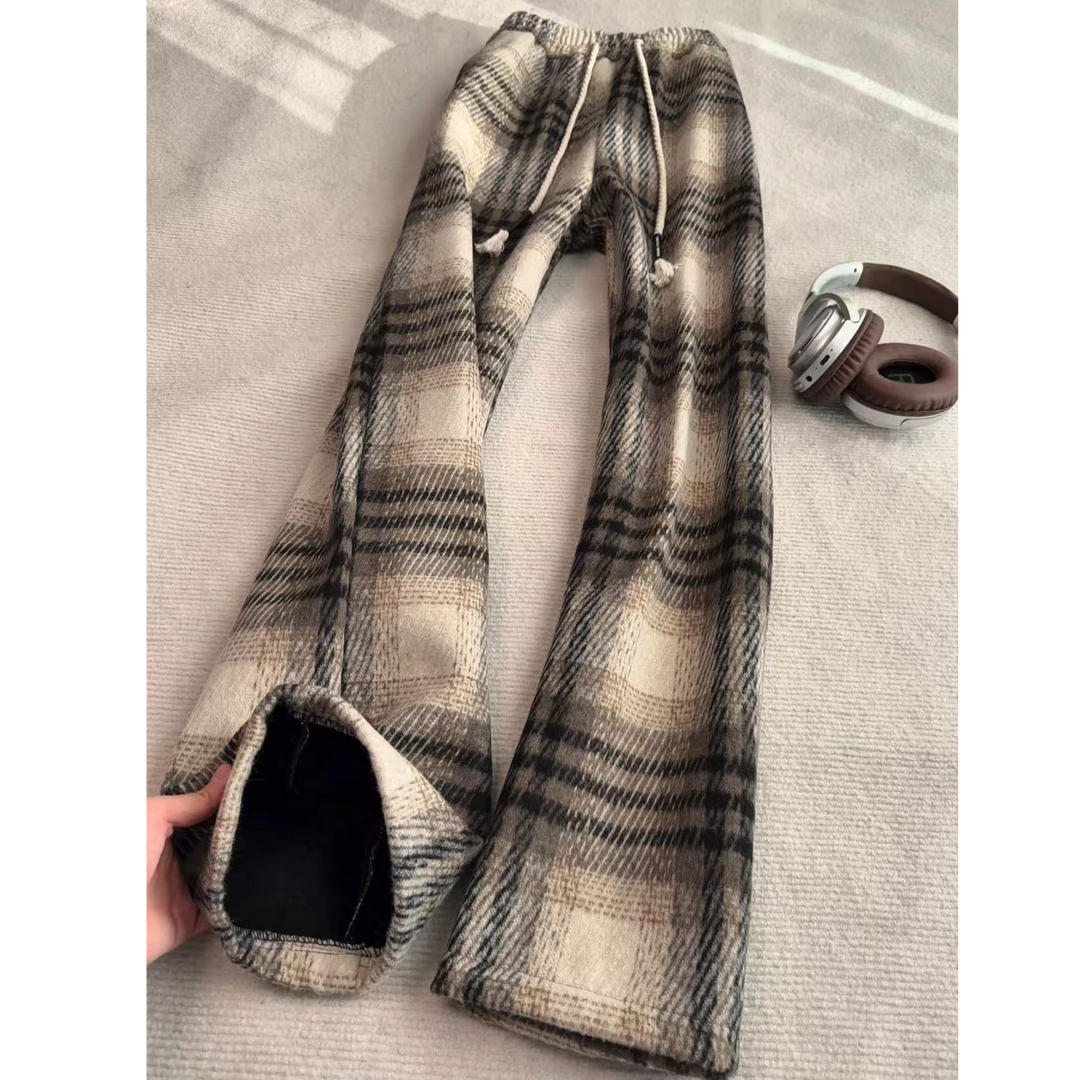 冬季新款加绒加厚毛呢格子裤男款慵懒感百搭宽松直筒垂感休闲长裤