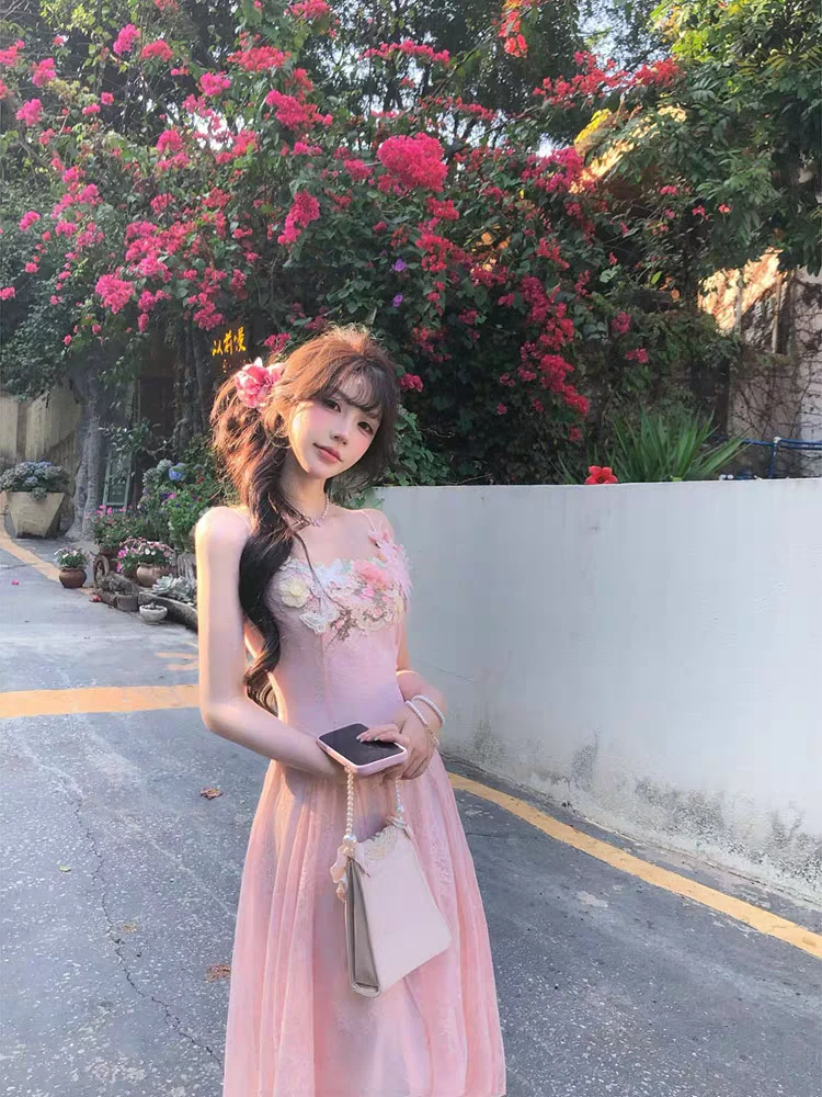 【花园梦境】夏季甜美温柔仙气收腰长款连衣裙+开衫两件套