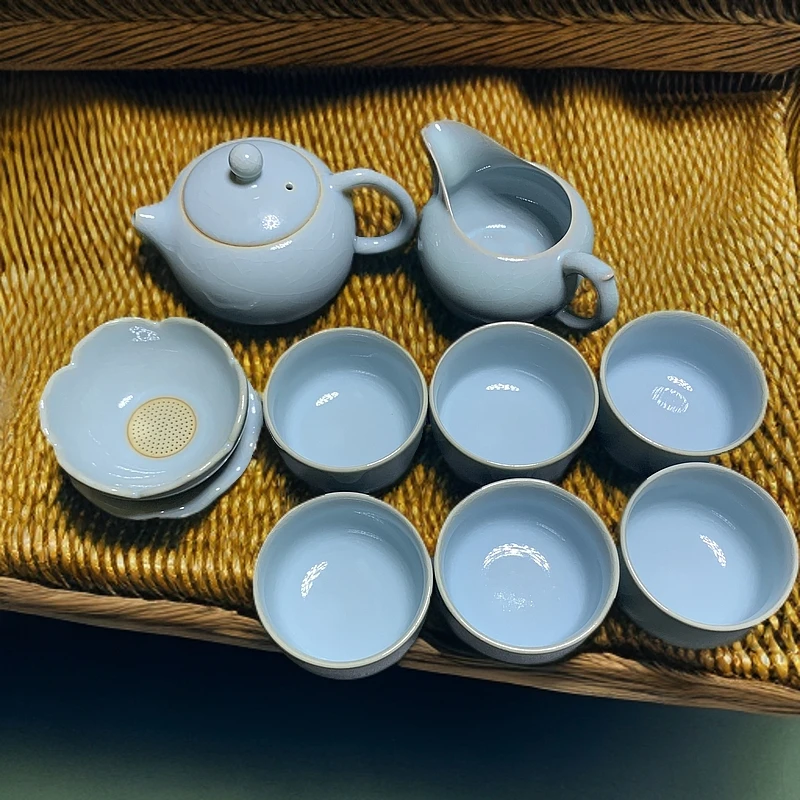 汝瓷 原矿原产地 全手工支钉烧 十件套天青色汝窑茶道