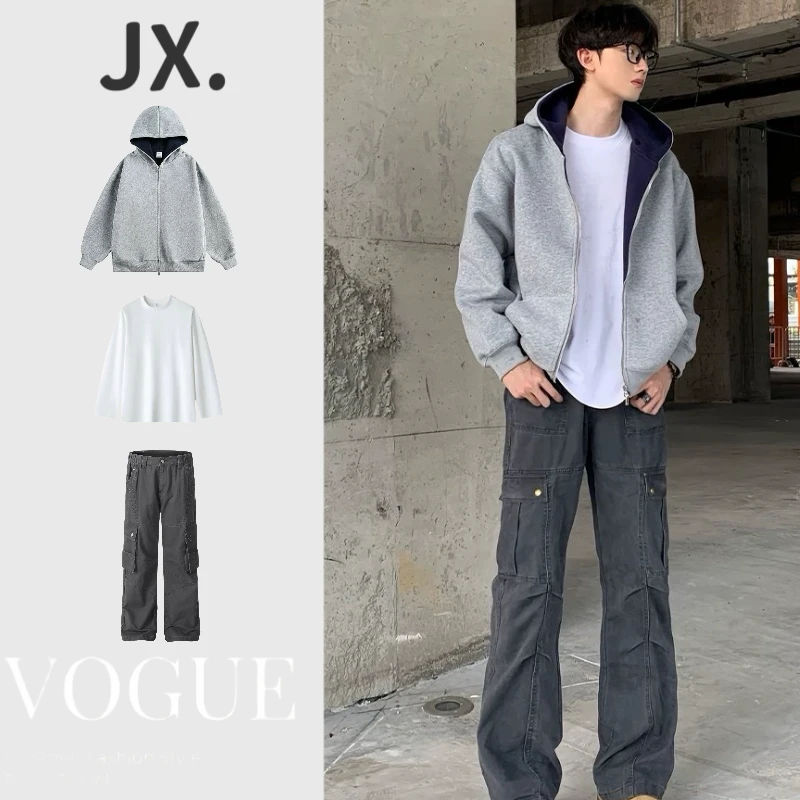 三件装/美式重磅双拉链连帽卫衣外套男秋季休闲外套撞色情侣开衫