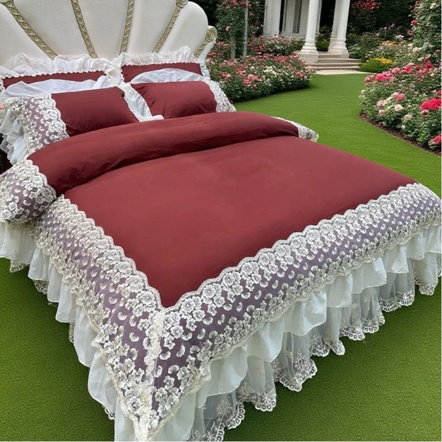 公主风轻奢全棉加厚床盖款四件套纯棉花边被套蕾丝床裙少女心床品