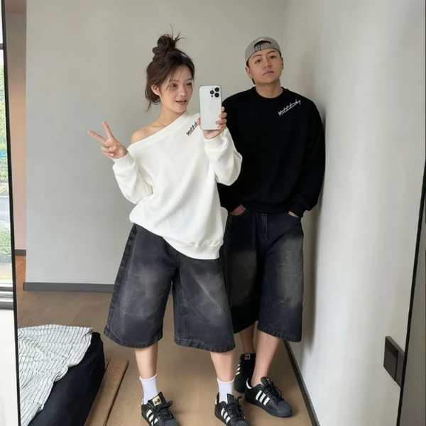 情侣装卫衣秋冬季新款一男一女斜肩纯棉卫衣宽松韩版潮流情侣卫衣