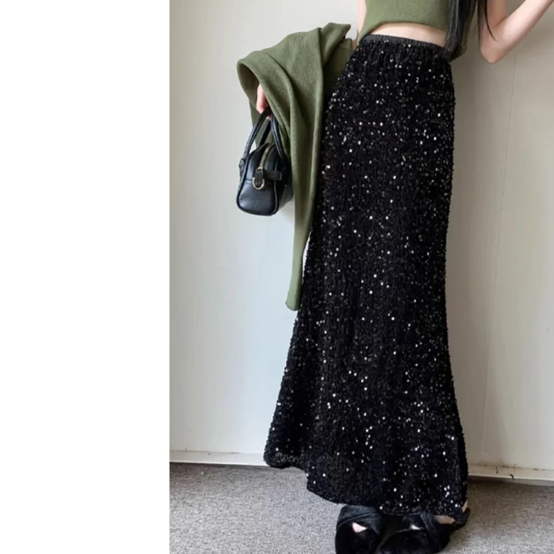 满天星高级手工亮片珠片绣显瘦气质百搭松紧腰A字鱼尾裙
