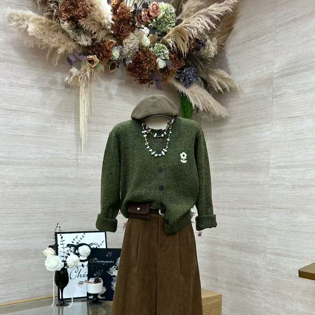 【抹茶小花叽】韩系立体感小花刺绣慵懒风显瘦毛衣-3586