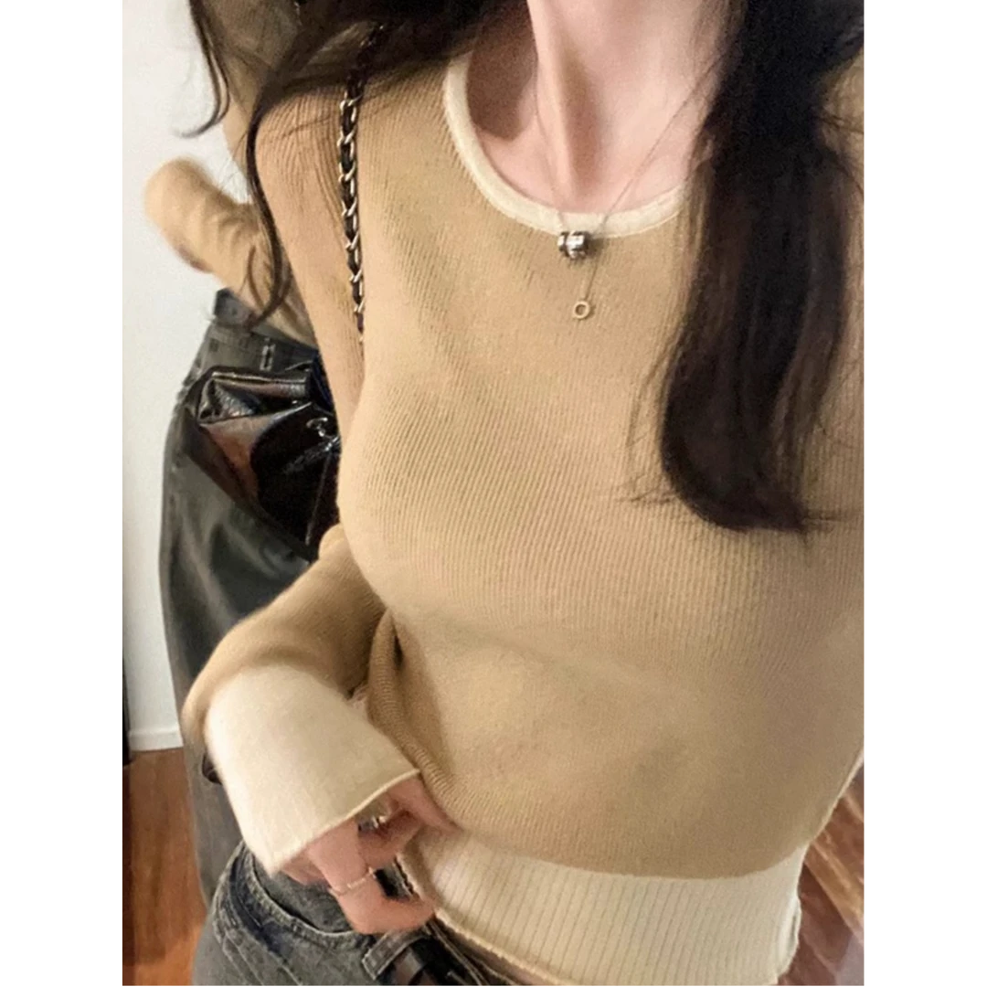 韩系套头撞色假两件小众长袖打底针织衫女秋冬小个子内搭短款毛衣