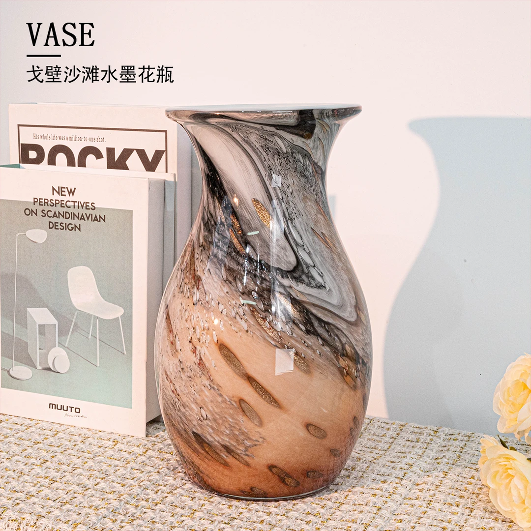 J141 新中式简约复古粉色沙滩水墨琉璃花瓶客厅玄关摆件