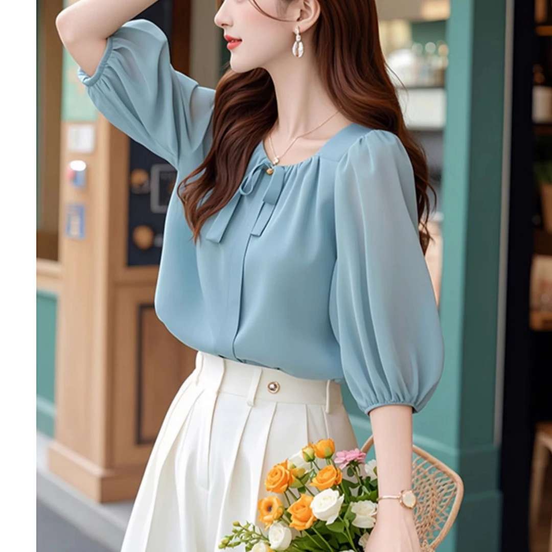 时尚减龄好看的韩系chic别致通勤上衣休闲蓝色五分袖雪纺衬衫女款