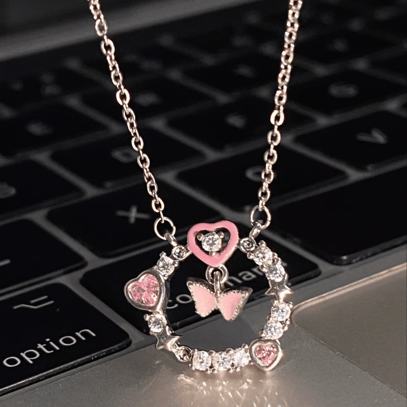 钛钢项链 爱心粉钻蝴蝶结项链女款高级感轻奢小众不掉色ins送女友