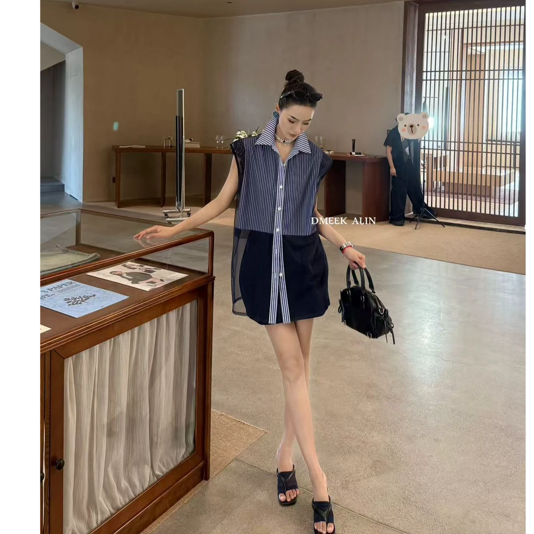 【XILIN ALIN 错位拼接】小众设计感条纹衬衣拼接网纱马夹