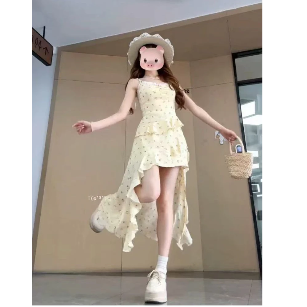 紫雾甜心 紫色开衫碎花吊带连衣裙女夏季不规则拖尾中长裙套装