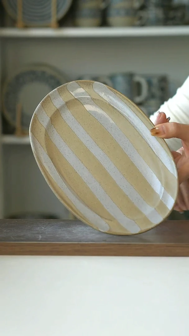 陶画釉条纹椭圆盘21cm@4-2@