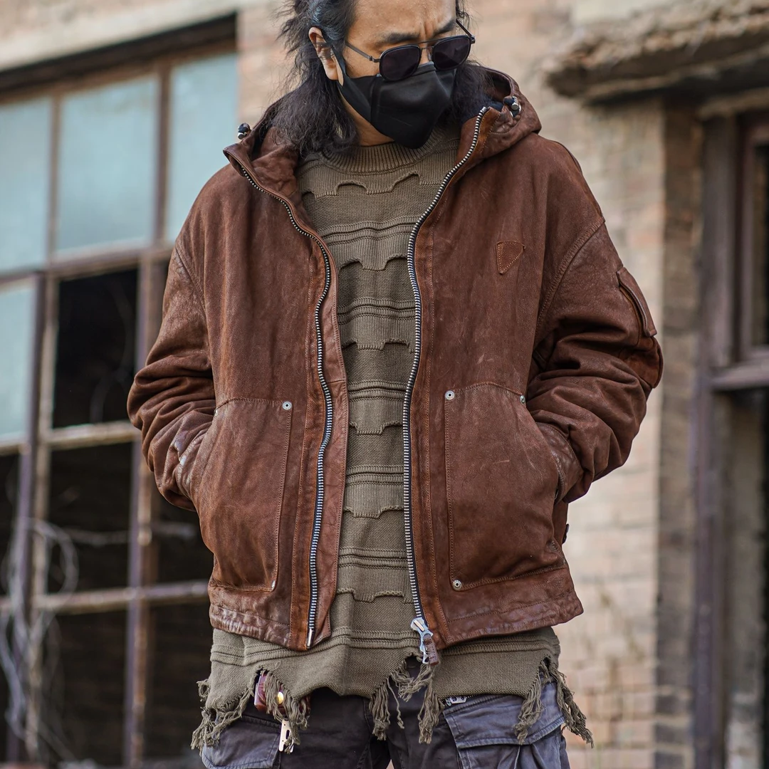狂欢与静止【游牧】C75150-山羊皮重水洗复古做旧皮衣男款真皮夹克