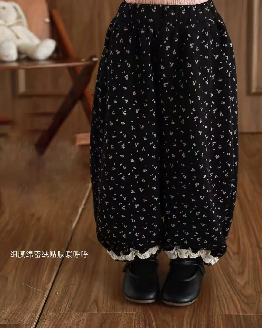 855女童L·H ·NIAO2025秋冬款韩版百搭森系洋气加绒碎花灯笼裤