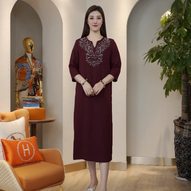 【七景超级太太】2025春夏新款女士气质优雅红色连衣裙SL25108-短袖