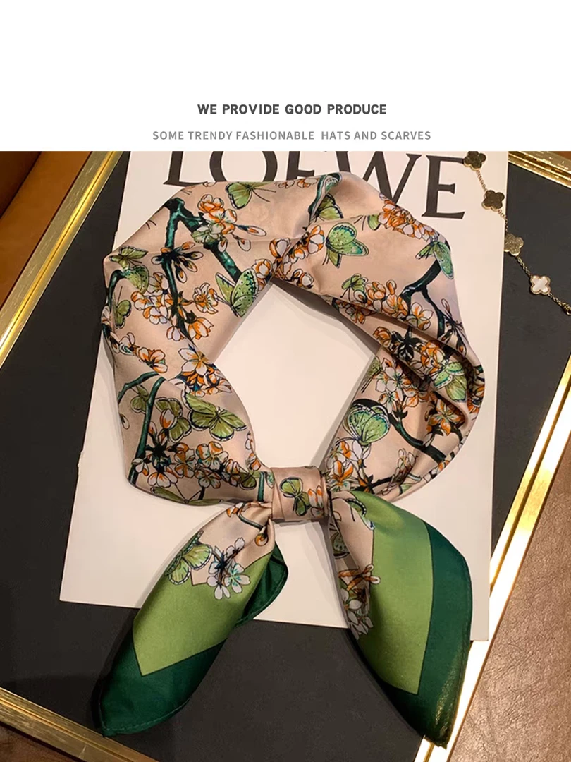 桃花朵朵真丝方巾女春秋薄款领巾装饰丝巾100%桑蚕丝百搭印花围巾