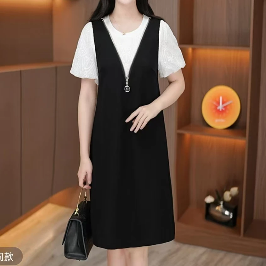 气质短袖连衣裙女2025夏季新款高端精致妈妈遮肚显瘦假两件长裙子