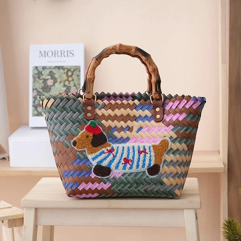 手工卡通编织菜篮子可爱刺绣腊肠小狗编织百搭手提包化妆品收纳包