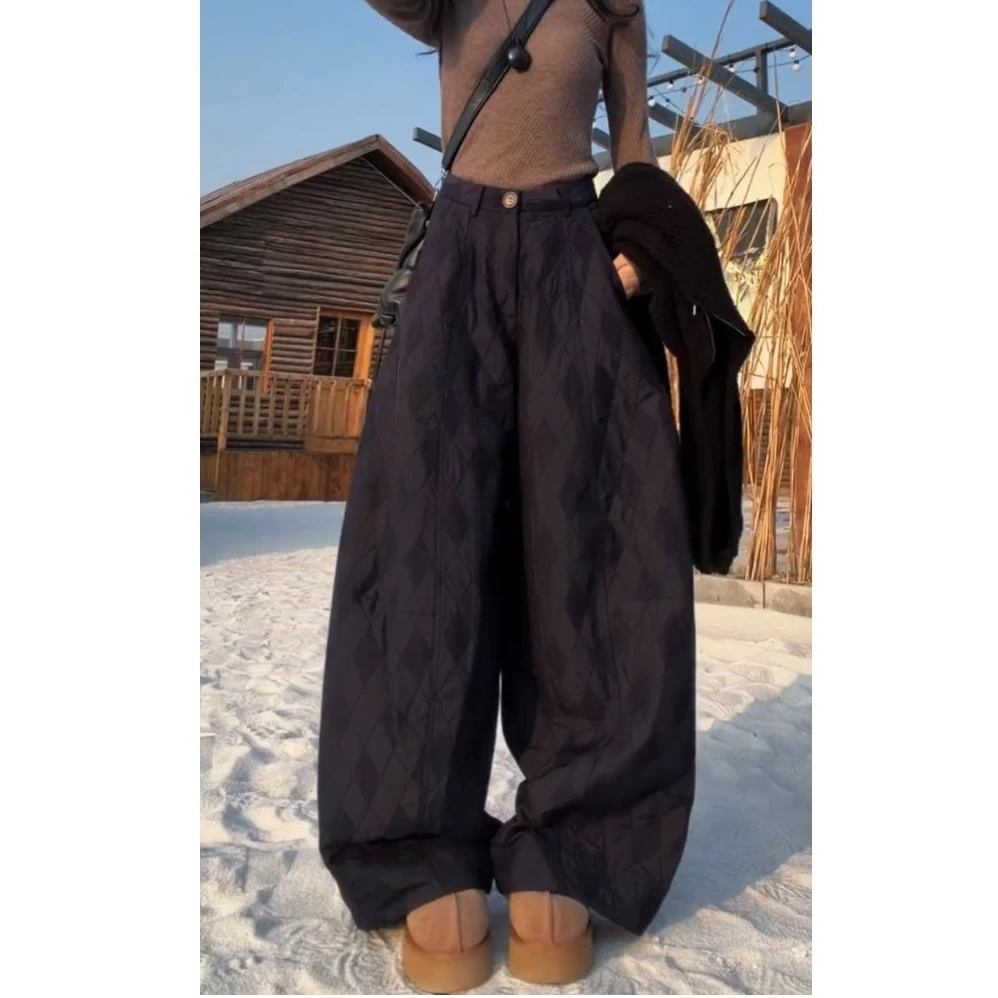 时尚菱形格弯刀阔腿气球裤女冬季大码百搭高腰宽松显瘦保暖棉裤