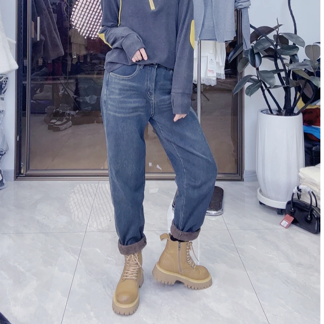 【苏苏精选】S389弹力牛仔加绒老爹裤百搭休闲裤