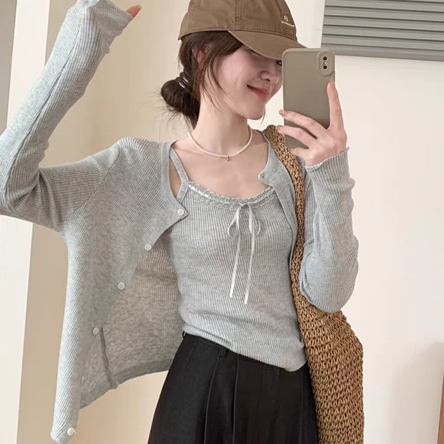 0-100现货链接蝴蝶结波点蕾丝针织牛仔纯色长袖女衬衫上衣