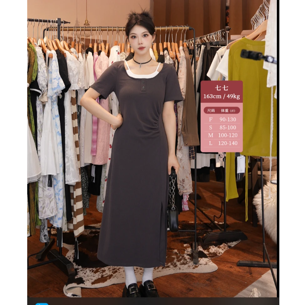 【专场PO价】西町村屋假两件设计短袖长款连衣裙HB9502005