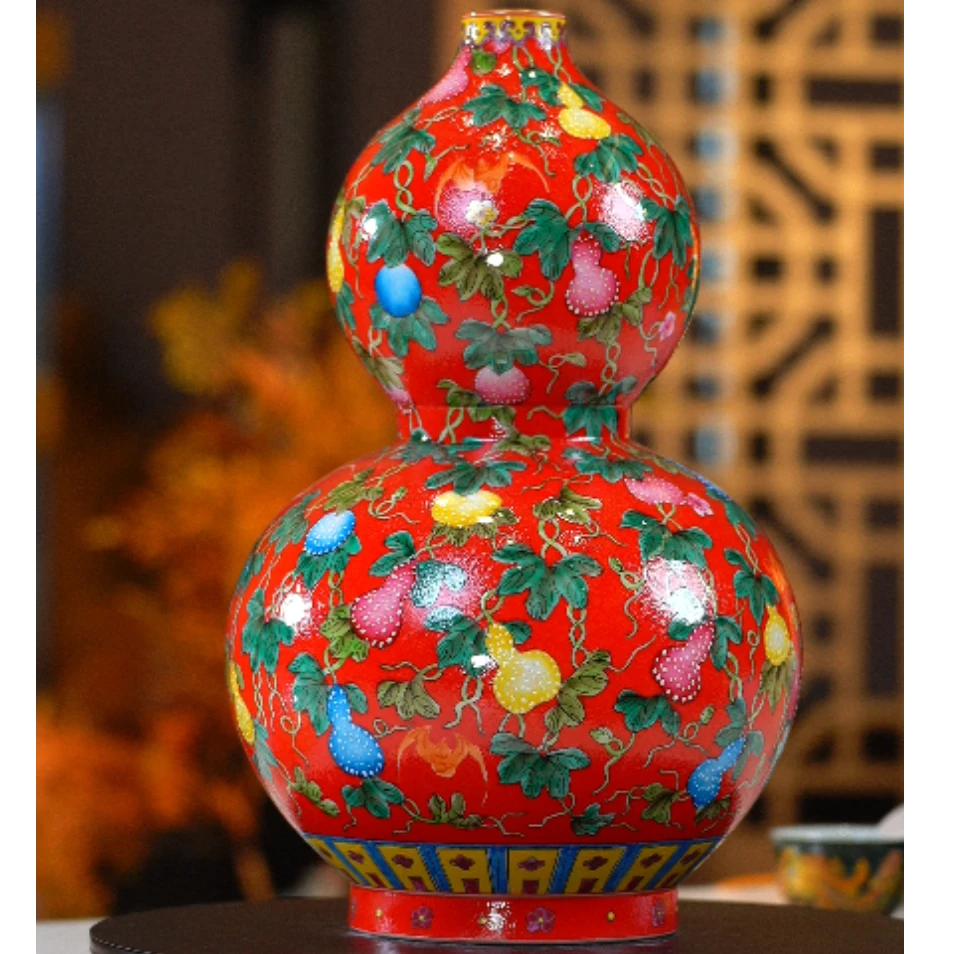 扒花粉彩红地瓜瓞连绵葫芦瓶