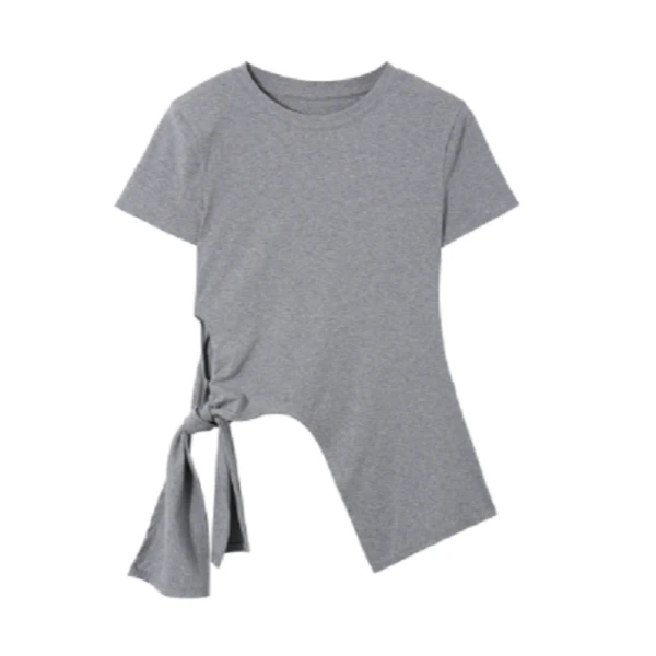 A  10129  设计感不规则斜边绑带纯色短袖