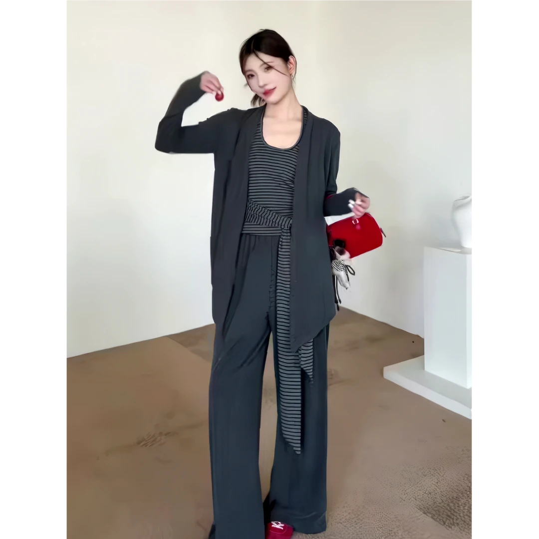 2025早秋新款慵懒风纯色长袖开衫+条纹背心+显瘦垂感休闲裤三套装