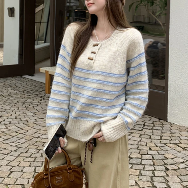 【毛衣系列】小木扣 条纹 复古慵懒撞色条纹毛衣