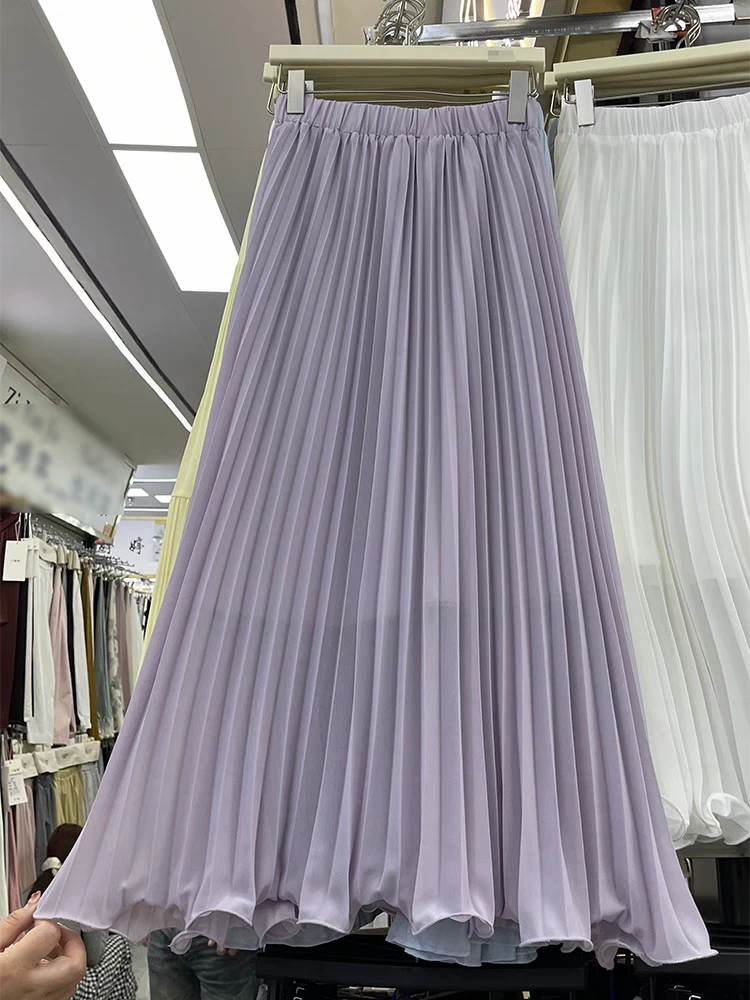 超仙温柔风紫色百褶半身裙2025春夏季新款高腰显瘦A字中长裙女