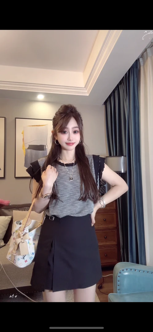 YX七SY202506222新款千鸟格飞飞袖小衫时尚气质