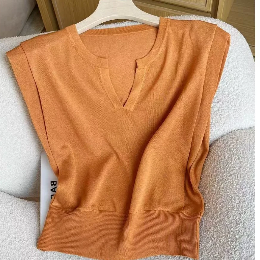 V领设计款简约纯色显瘦针织短袖女2025夏季新款百搭无袖时尚上衣