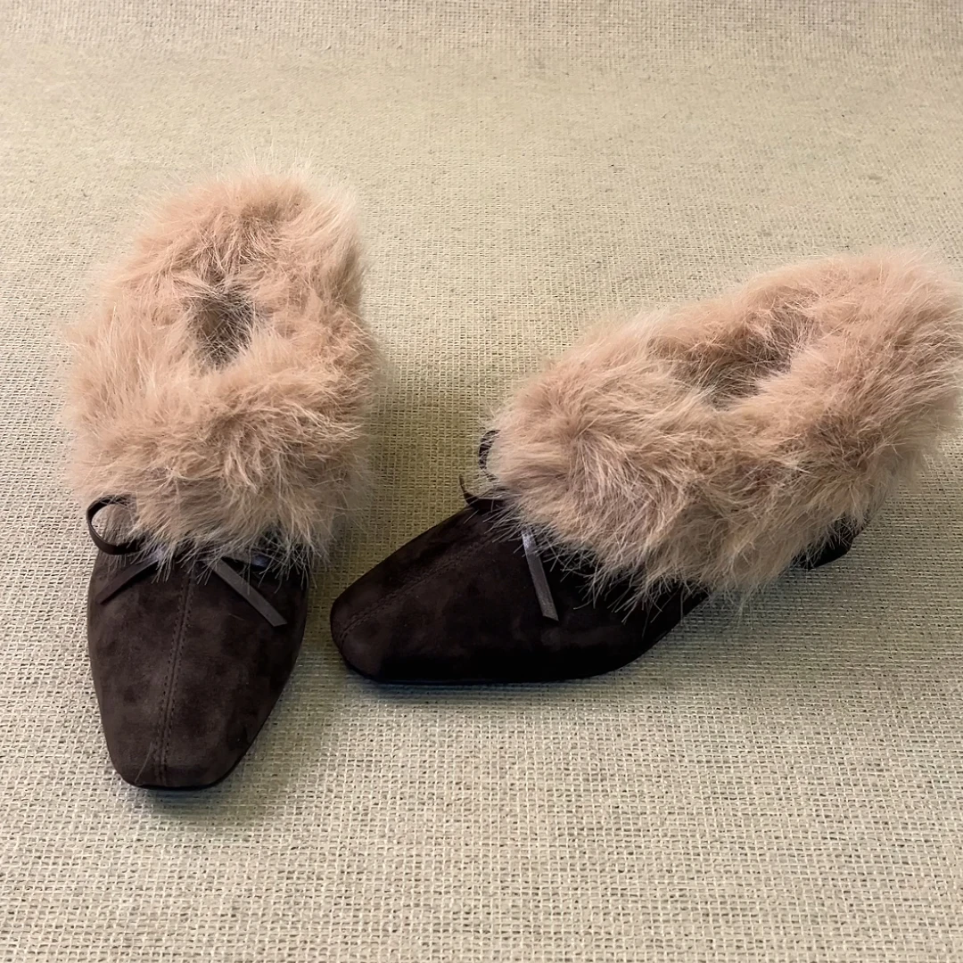 RubyL/6cm韩版简约复古风蝴蝶结百搭舒适方头内增高毛毛单鞋女款