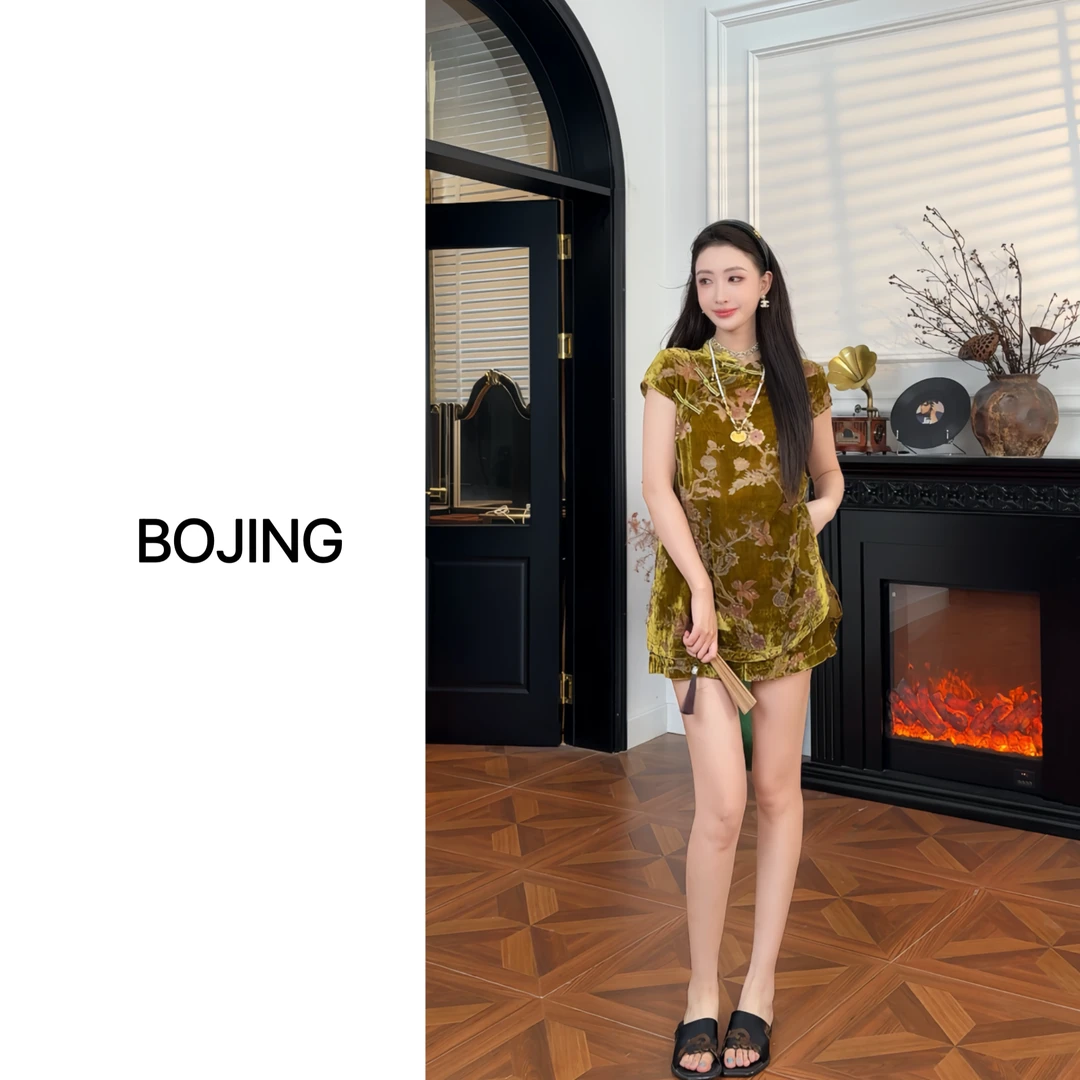 【锦上添花】新中式休闲百搭人丝锦绒烧花夏季国风薄款上衣套装