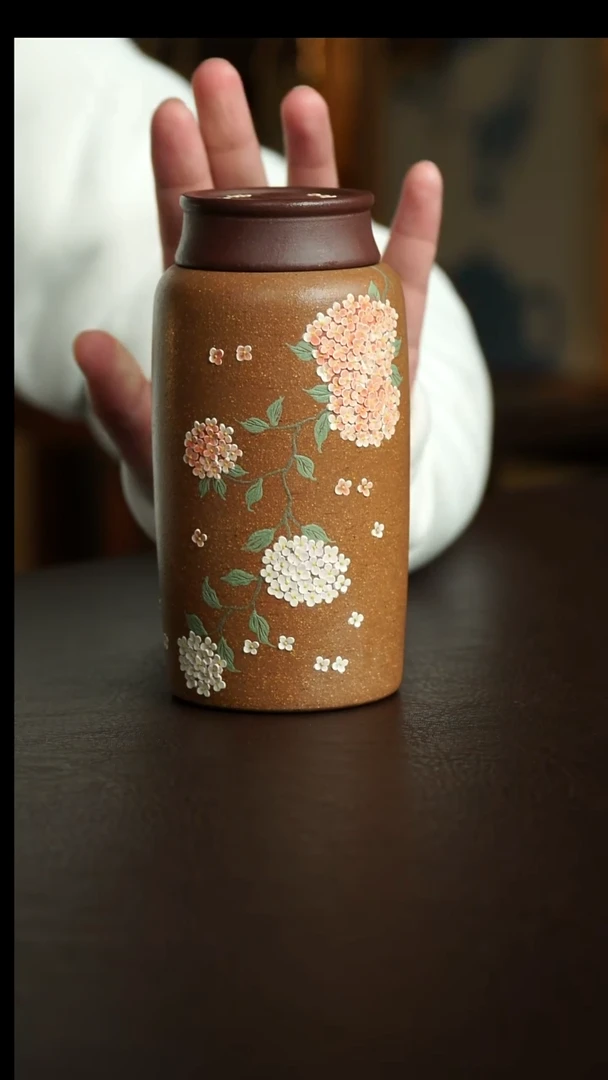 茶杯紫砂18号 绣球花茶叶罐100克 宜兴紫砂原矿作品