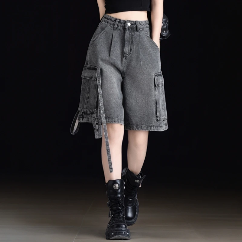 美式大口袋工装牛仔短裤女2025新款夏季黑色高腰复古五分阔腿中裤