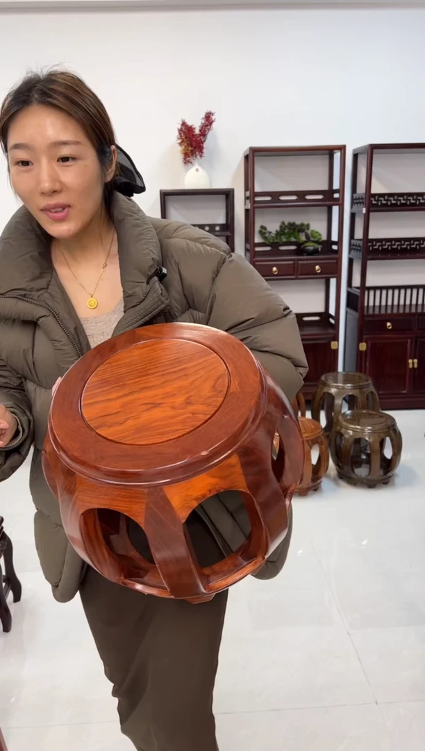 花梨木类家具一对亚花梨小号花梨色鼓凳