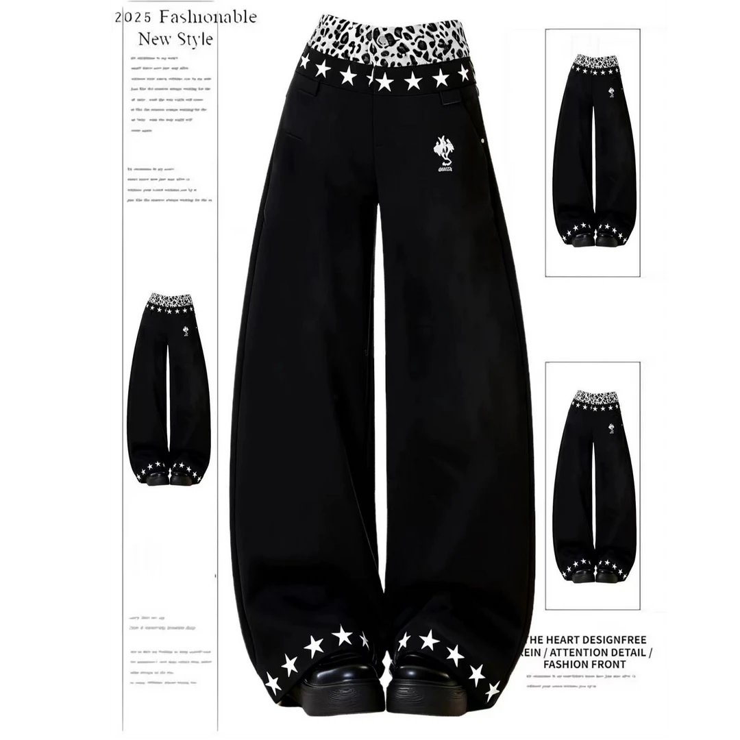 美式复古辣妹拼接豹纹腰头牛仔裤女2025冬季新款星星印花拖地长裤