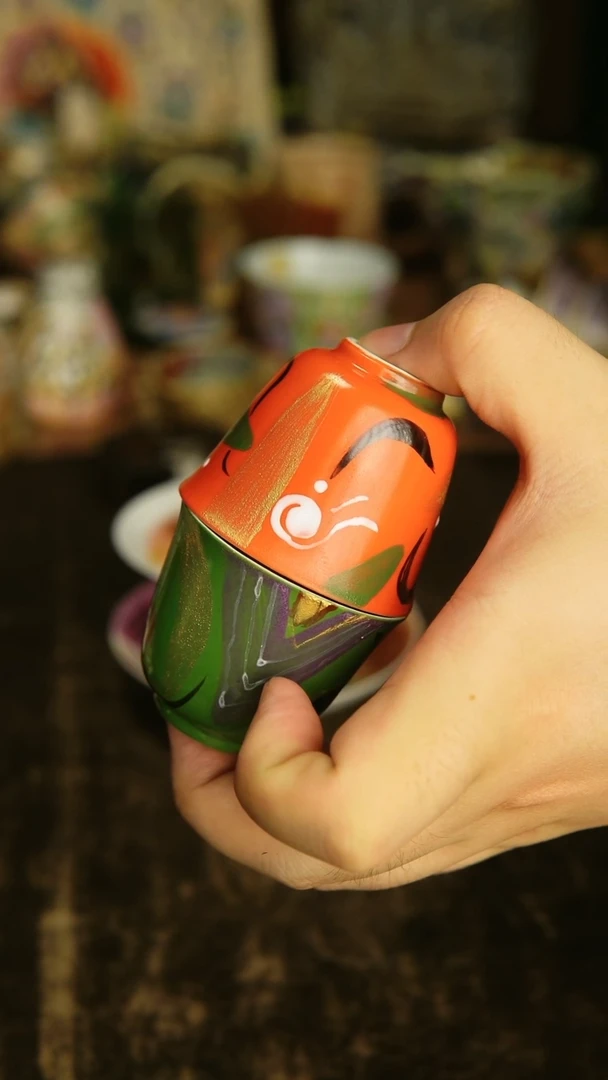 浅月  色块红绿彩对杯两只主人杯