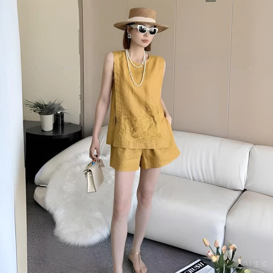 【花花家专属】亚麻棉中式刺绣短裤套装夏季显瘦洋气上衣两件套