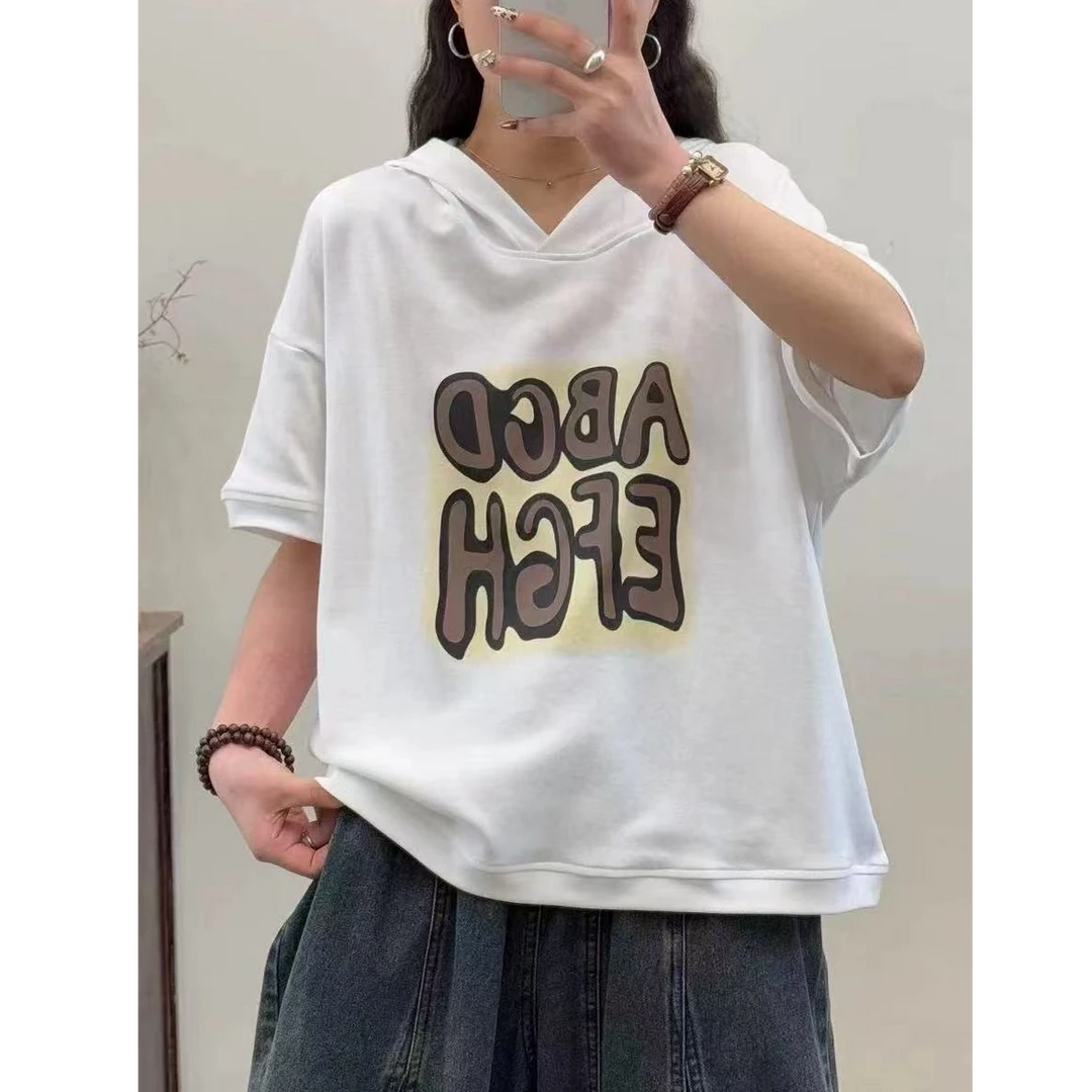 媄姿雅新款字母印花连帽T恤女宽松遮肉百搭减龄短袖上衣