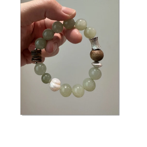 925银木质手链 S12122 小蛮腰银桶珠绿色串珠手链